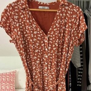Orange Floral Short Sleeve Collared Long Dress